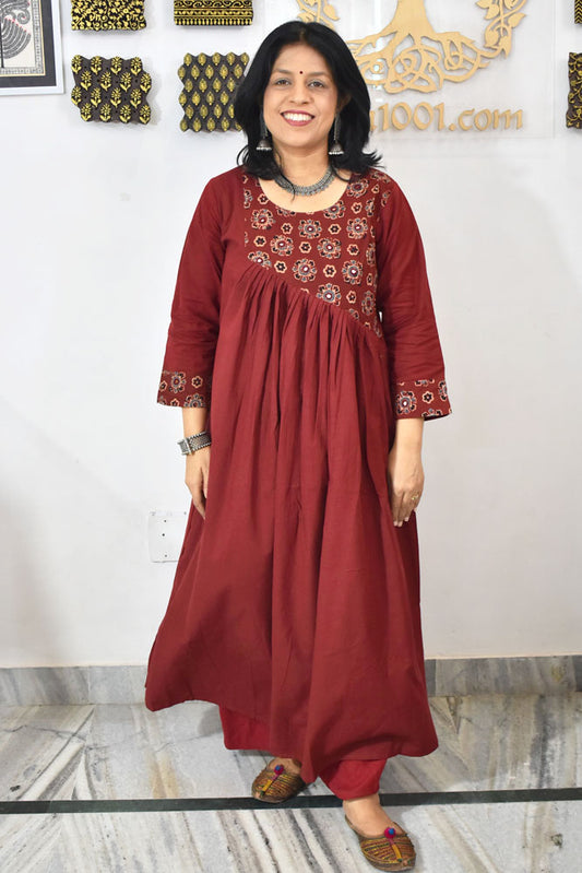 Designer Cotton Kurta with Ajrakh Patch & mirror work  - Size 38 to 46 ( all sizes)