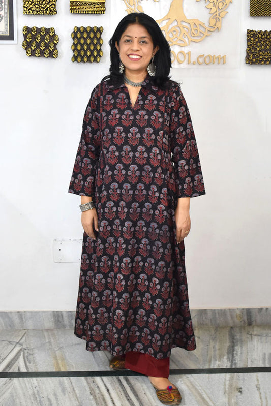 Designer Hand Block Printed Ajrakh cotton Kurta / Dress - Size 38 to 46 ( all sizes)