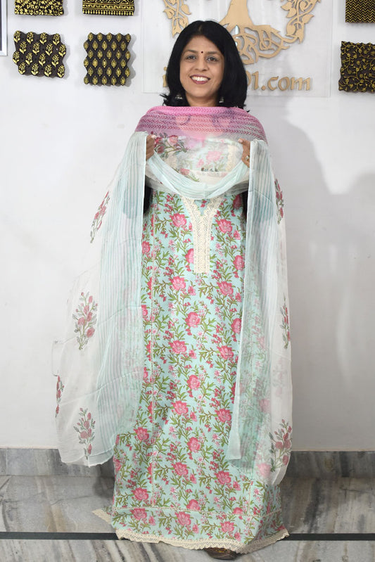 Premium Cotton Unstitched Suit with Neck patch, Intricate Hand Embroidery & Block print dupatta