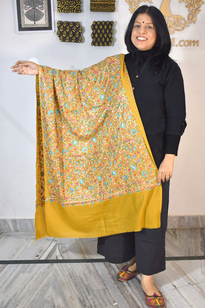 Intricate Jaal work Aari Embroidery Woolen Stole from Kashmir