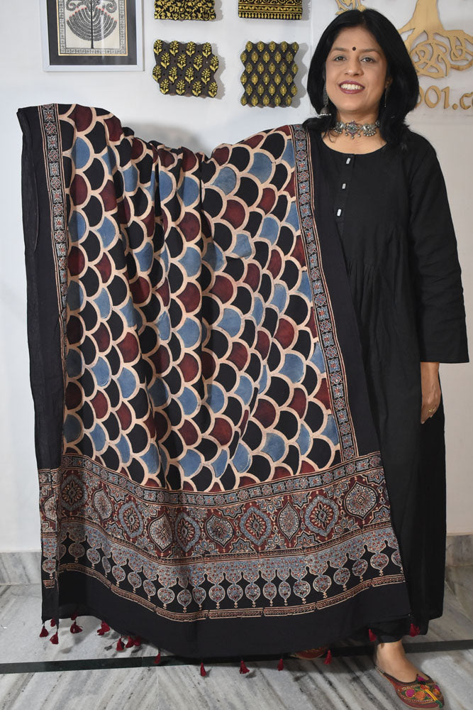 Ajrakh Hand Block Printed Cotton Dupatta with Tassels & natural dyes
