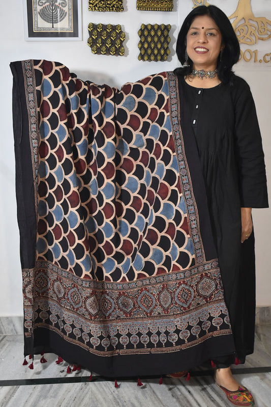 Ajrakh Hand Block Printed Cotton Dupatta with Tassels & natural dyes