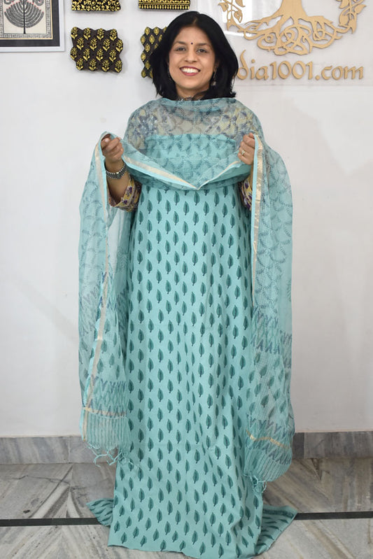 Beautiful Hand Block Printed Cotton unstitched suit fabric with Kota Doria Dupatta