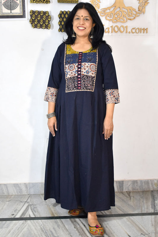 Designer Hand Block Printed Ajrakh cotton Kurta With Mirror Work - Size 38 to 46 ( all sizes)