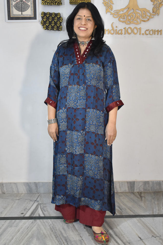 Beautiful Ajrakh Modal Silk Kurta with Kutch Mirror Work size - 38 - 44