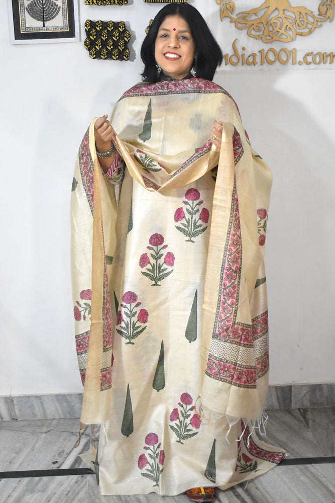 Elegant Hand Block printed Moonga Tussar Silk Kurta Dupatta Set