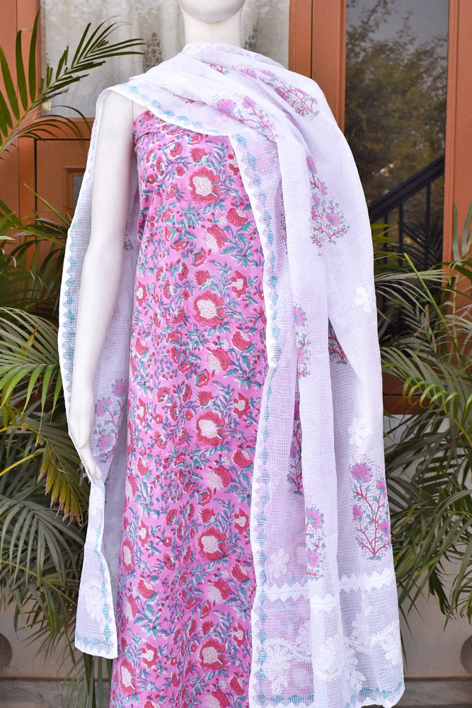 Exquisite Cotton unstitched suit with Block Printed Kota dupatta with Hand Chikankari embroidery