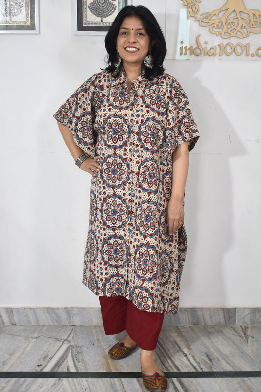 Beautiful Hand Block Printed Ajrakh Kaftan, Can fit till size 48