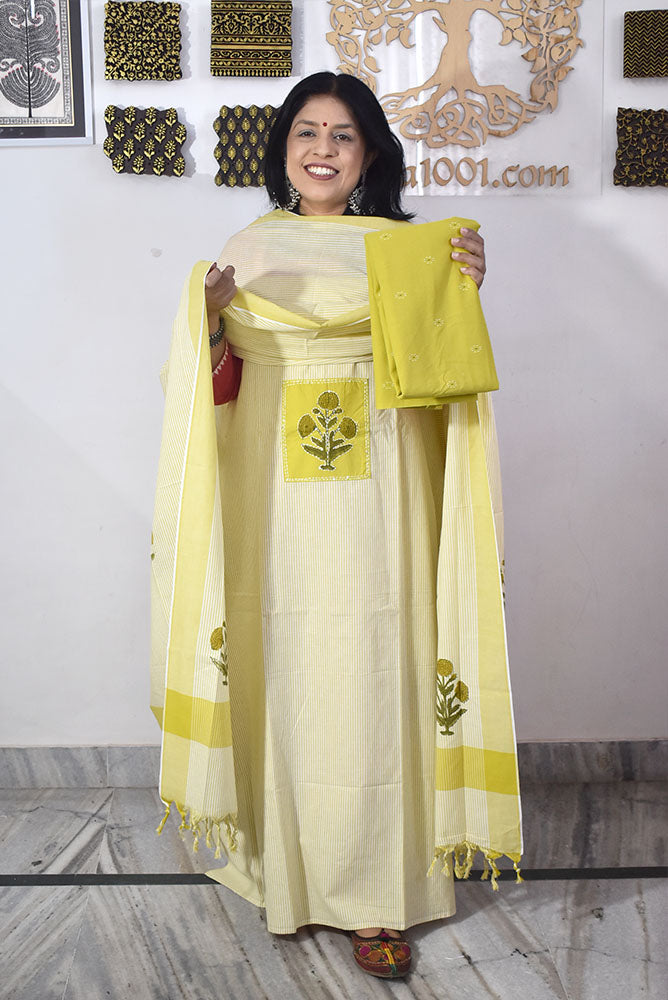 Elegant Hand Block print cotton suit with Cotton dupatta