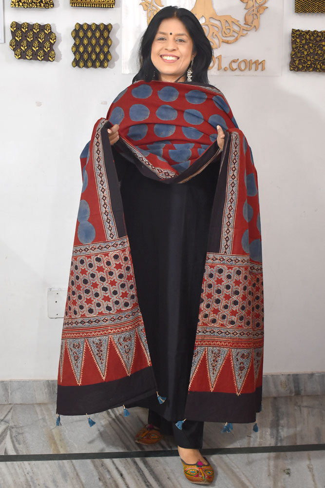 Ajrakh Hand Block Printed Cotton Dupatta with Tassels & natural dyes