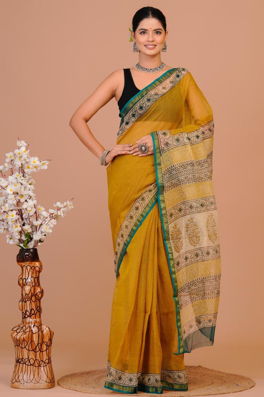Beautiful Hand Block Printed Kota cotton Saree with zari border