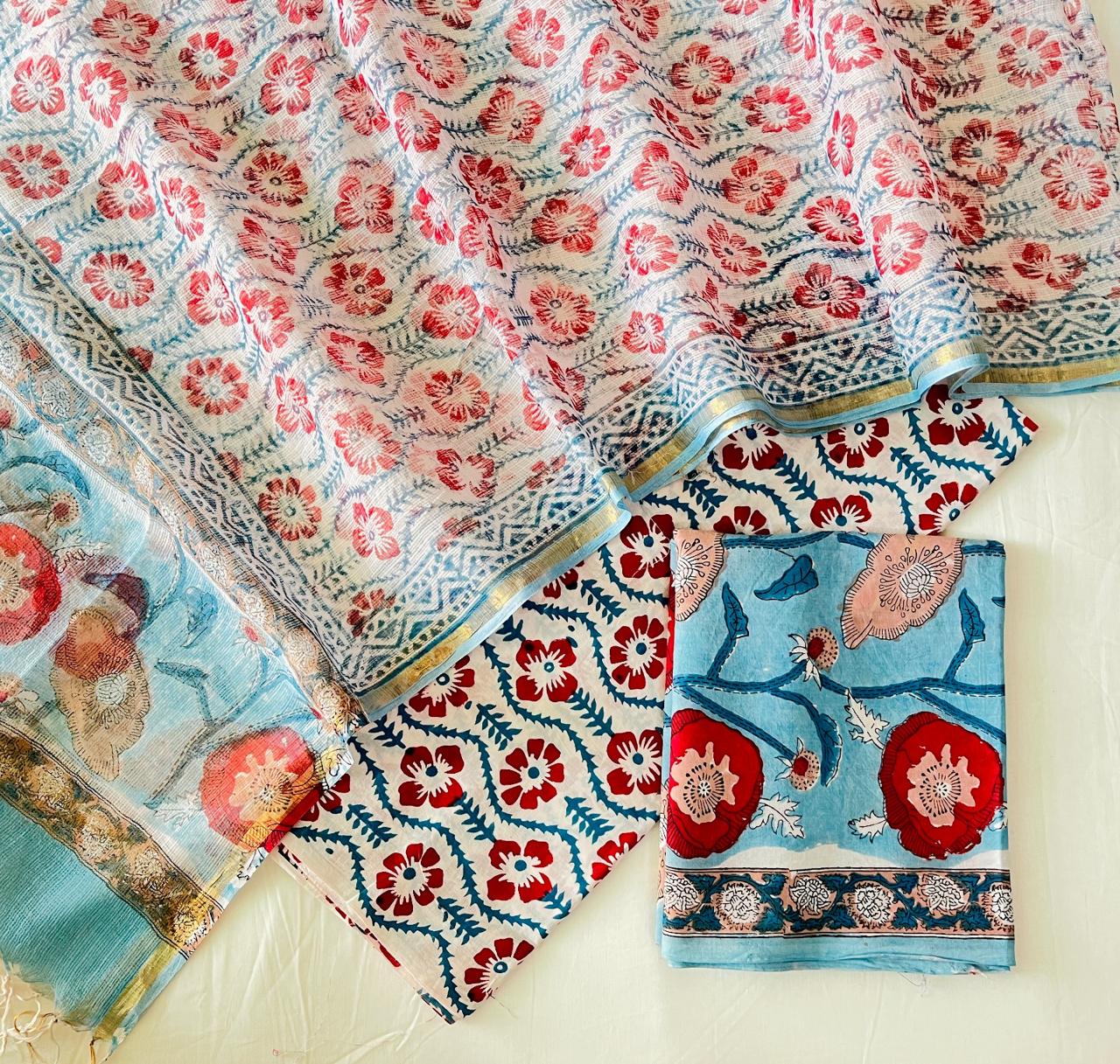 Beautiful Hand Block Printed Cotton Kurta & Kota Dupatta with Cotton Bottom - 3 pc set
