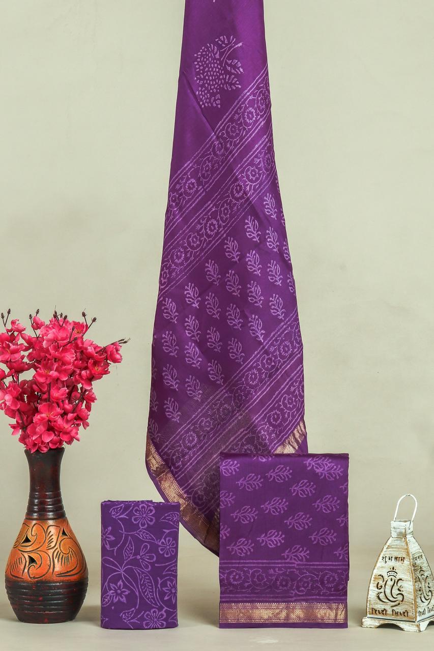 Beautiful Hand Block Printed  Maheshwari Silk Cotton Unstitched suit fabric - 3 pc set