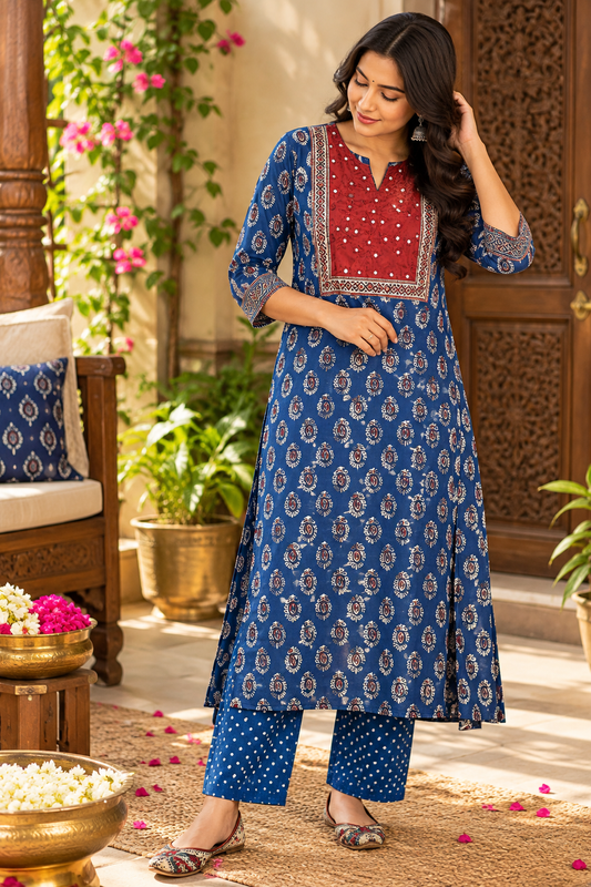 Designer Ajrakh Modal Silk Kurta & Pant With Mirror Work - Size 40 to 46 ( all sizes)