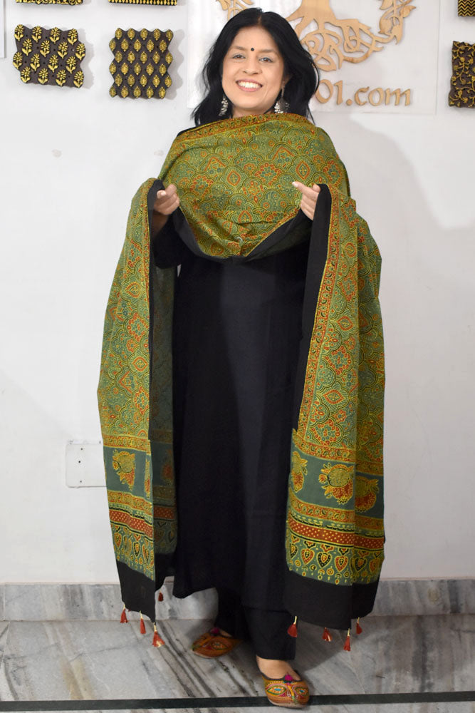 Ajrakh Hand Block Printed Cotton Dupatta with Tassels & natural dyes
