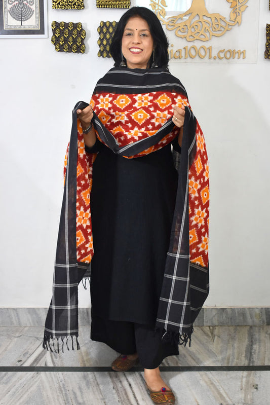 Designer Handwoven Mercerized Cotton Ikkat Dupatta