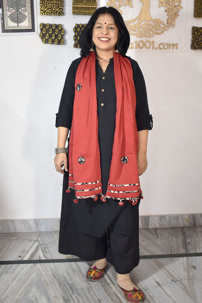 Elegant Hand block printed Cotton stole with cloth tassels