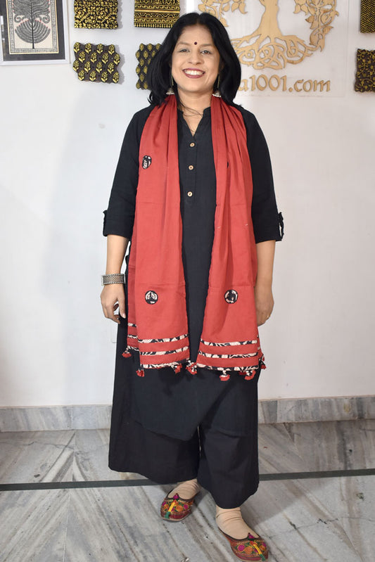 Elegant Hand block printed Cotton stole with cloth tassels