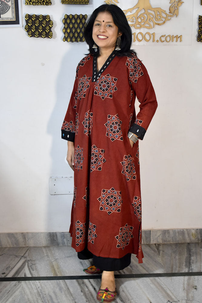 Beautiful Hand Block Printed Ajrakh Cotton kurta with Kutch Mirror work , Size 38 to 44