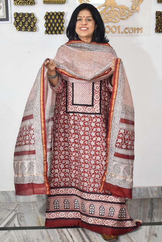 Bagh Hand Block Printed unstitched 3 pcs Handwoven Chanderi suit fabric with Zari borders