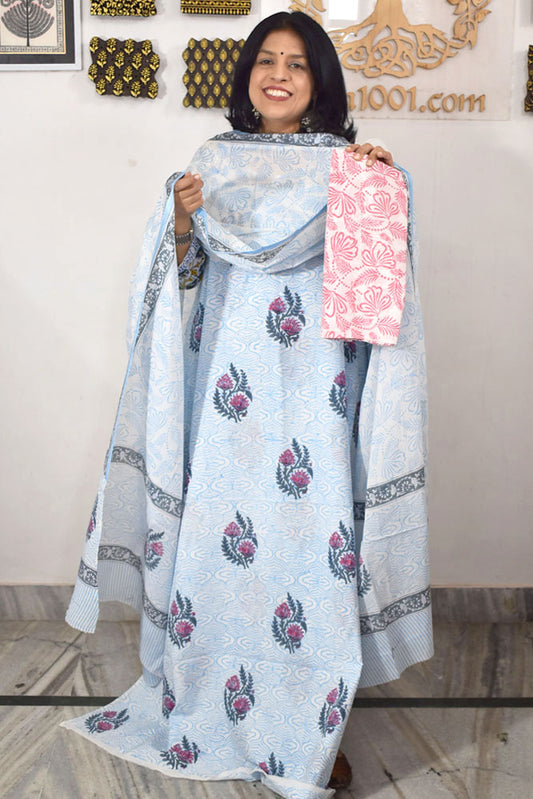 Hand Block Printed Cotton unstitched suit fabric with Soft Cotton dupatta