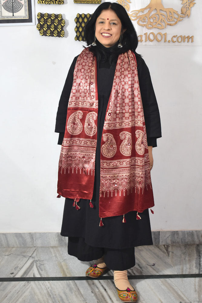 Beautiful Hand Block Printed Ajrakh Mashru Silk stole with Mirror Work