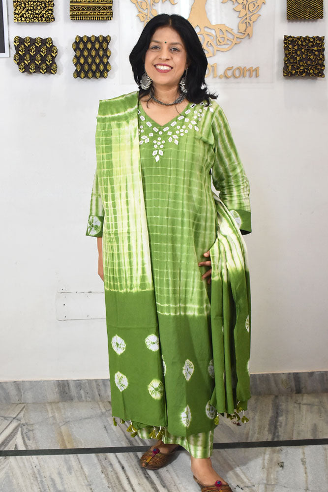 Tie & Dye Shibori & Bandhani cotton Stitched Suit with Kutch Mirror work