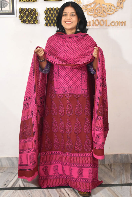 Bagh Hand Block Printed unstitched 3 pc Cotton suit fabric with Placement block print from MP