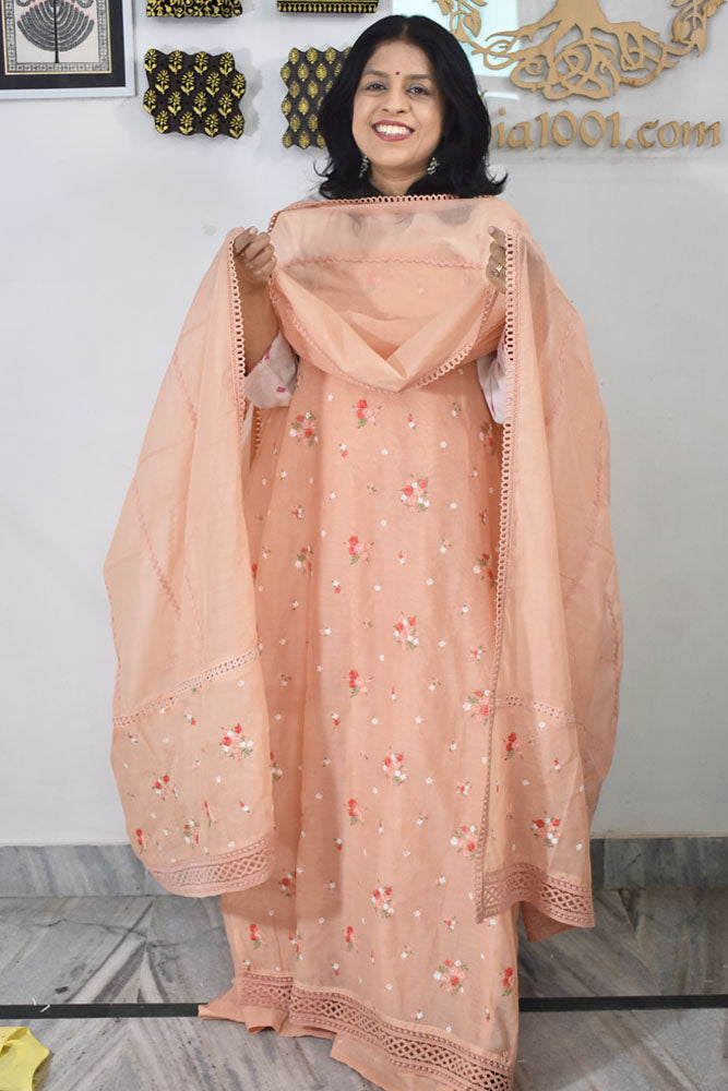 Gorgeous Mul Chanderi Kurta fabric & Dupatta set with embroidery
