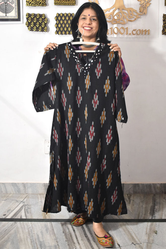 Designer Handwoven Ikkat pure cotton Kurta With Kutch Mirror Work - Size 36 to 46 ( all sizes)