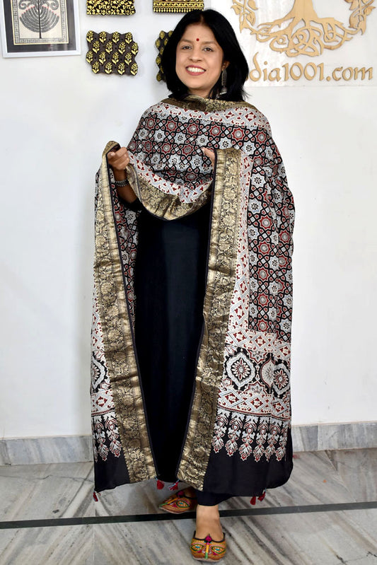 Beautiful Ajrakh Dola Silk Hand Block Print  Dupatta with Tassels