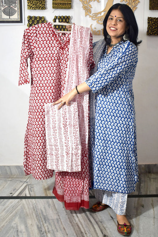 Beautiful Hand Block print Cotton suit with Kutch Mirror Work & Cotton Dupatta