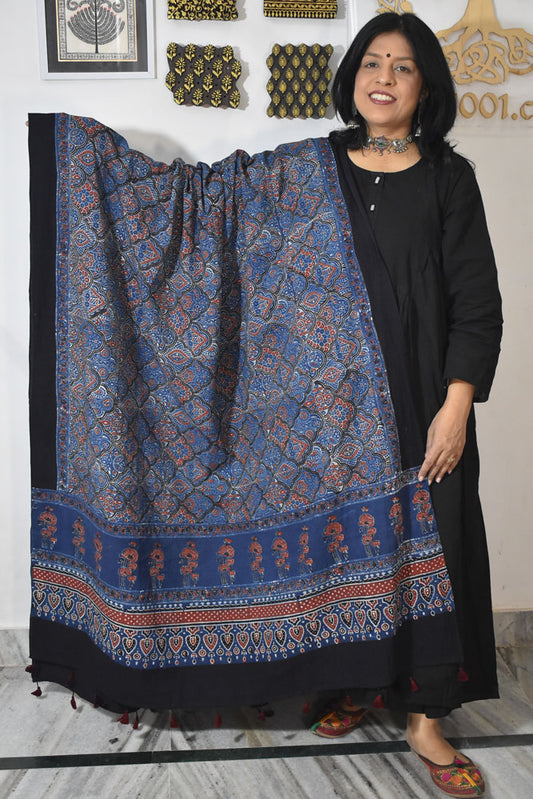 Ajrakh Hand Block Printed Cotton Dupatta with Tassels & natural dyes