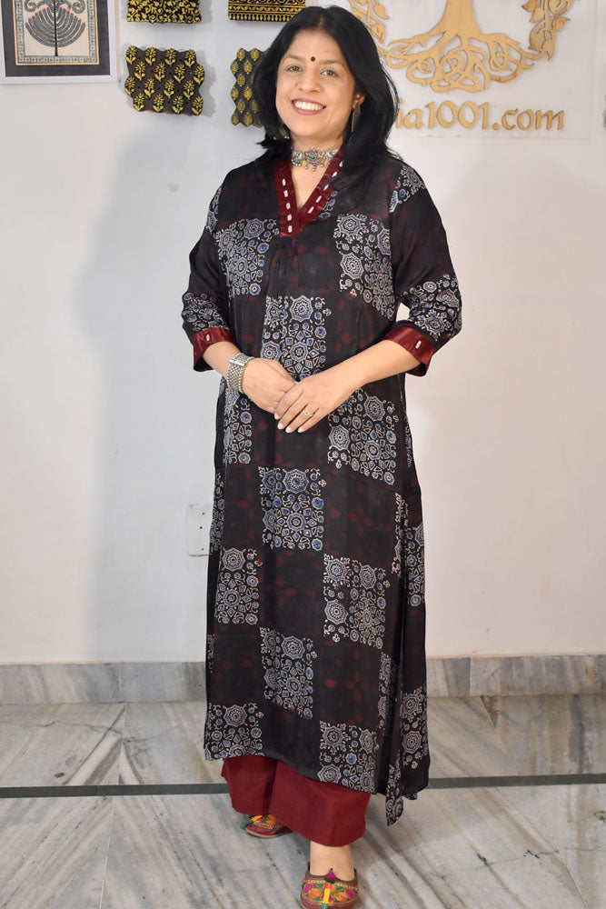 Beautiful Ajrakh Modal Silk Kurta with Kutch Mirror Work size - 38 - 44