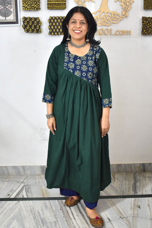 Designer Cotton Kurta with Ajrakh Patch & mirror work  - Size 38 to 46 ( all sizes)