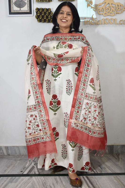 Designer Hand Block Print Cotton suit with Chanderi dupatta