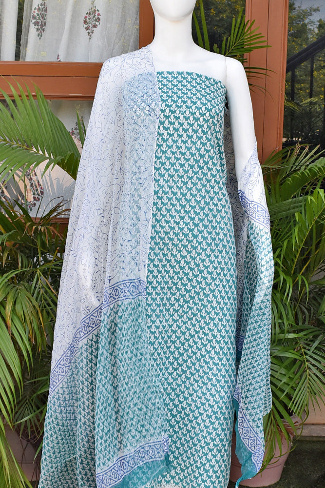 Elegant Block Printed Cotton unstitched suit fabric with Chiffon dupatta