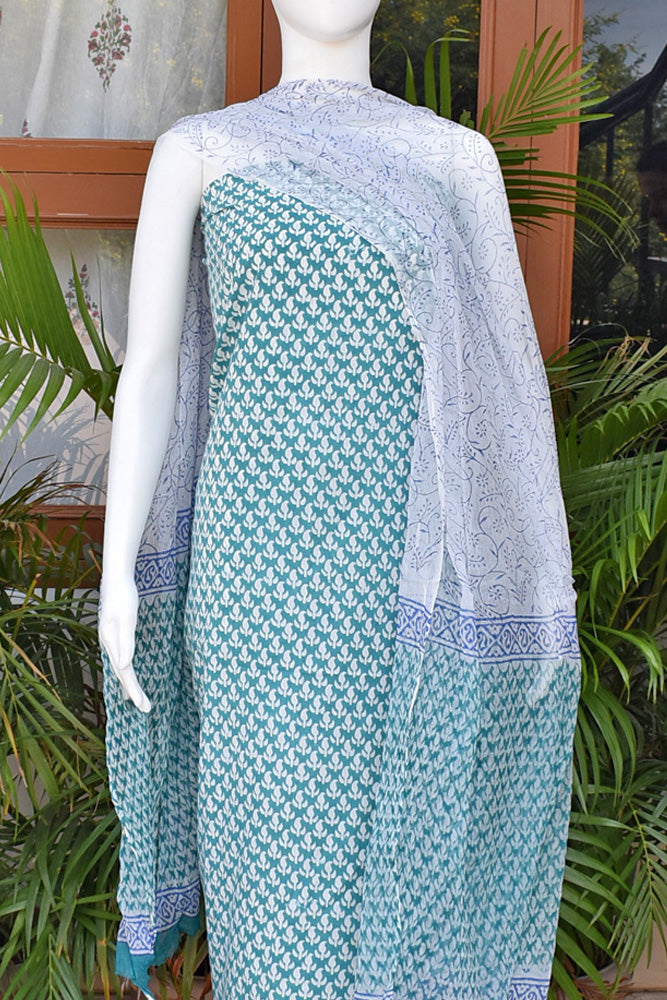 Elegant Block Printed Cotton unstitched suit fabric with Chiffon dupatta