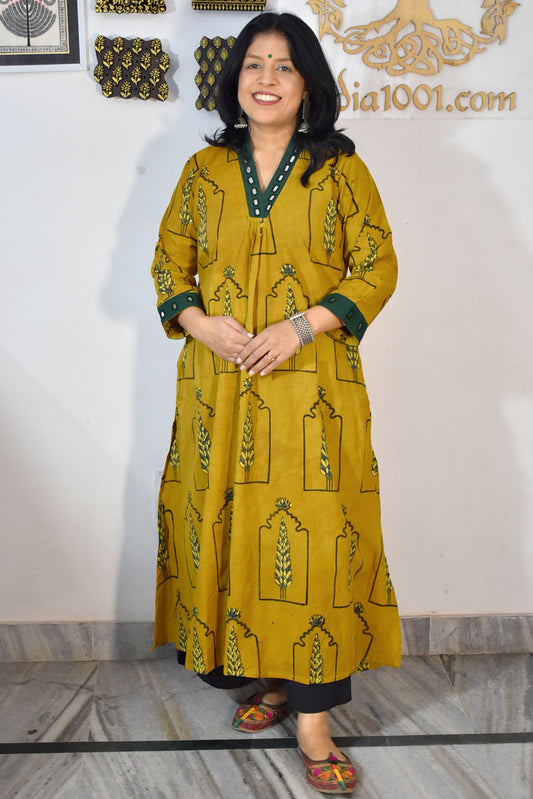 Beautiful Hand Block Printed Ajrakh Cotton kurta with Kutch Mirror work , Size 38 to 44