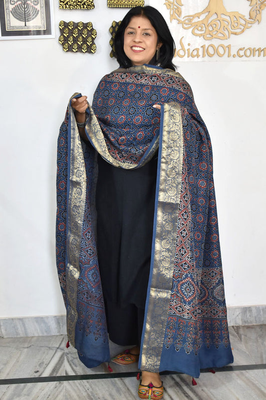 Beautiful Ajrakh Dola Silk Hand Block Print  Dupatta with Tassels