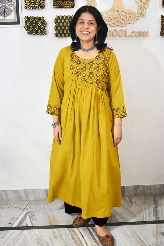 Designer Cotton Kurta with Ajrakh Patch & mirror work  - Size 38 to 46 ( all sizes)