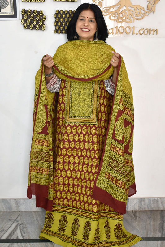 Bagh Hand Block Printed unstitched 3 pc Cotton suit fabric with Placement block print from MP