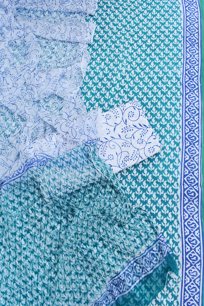 Elegant Block Printed Cotton unstitched suit fabric with Chiffon dupatta