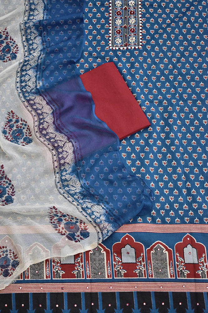 Premium Cotton Unstitched Suit with Neck patch, Intricate Hand Embroidery & Block print dupatta