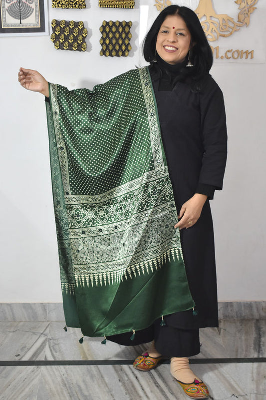Beautiful Hand Block Printed Ajrakh Mashru Silk stole with Mirror Work