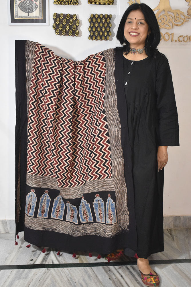 Ajrakh Hand Block Printed Cotton Dupatta with Tassels & natural dyes