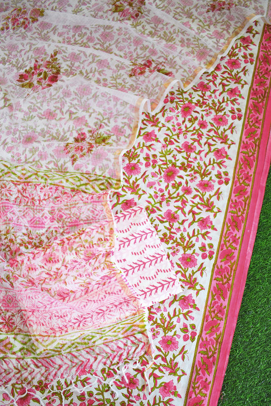 Beautiful Hand Block Printed Cotton unstitched suit fabric with Kota Doria Dupatta