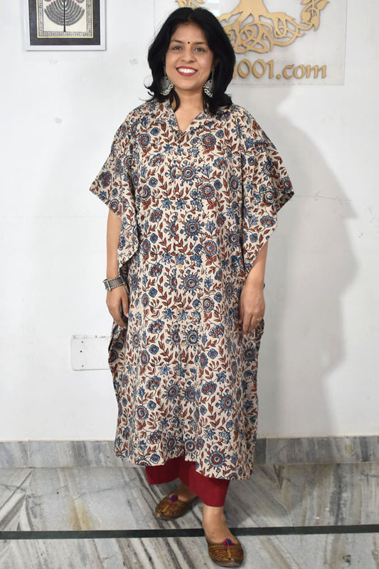 Beautiful Hand Block Printed Ajrakh Kaftan, Can fit till size 48