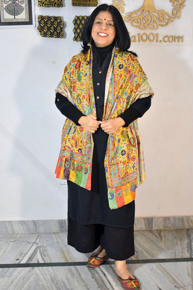 Beautiful Kalamkari Kashmiri shawl / stole with Aari Work