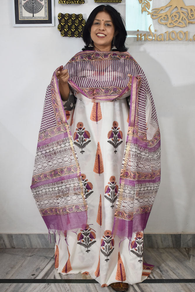 Designer Hand Block Print Cotton suit with Chanderi dupatta